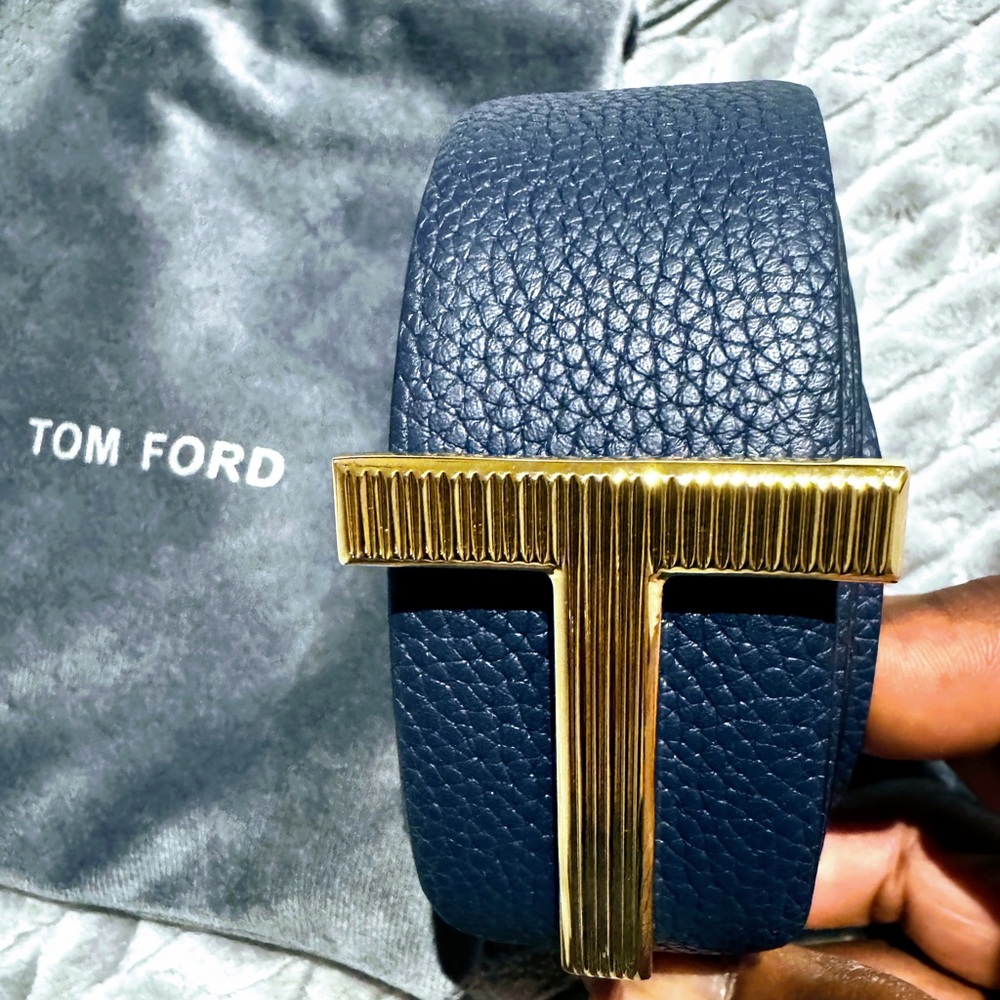 Tom Ford Dark Blue Leather Belt with Gold Accent